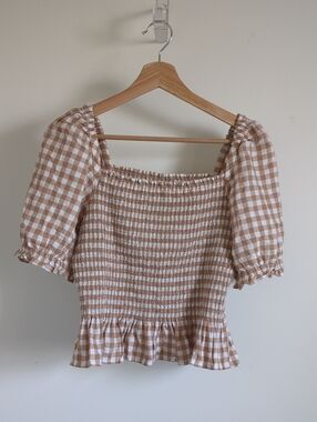J. Crew Beige and White Gingham Smocked Puff Sleeve Top